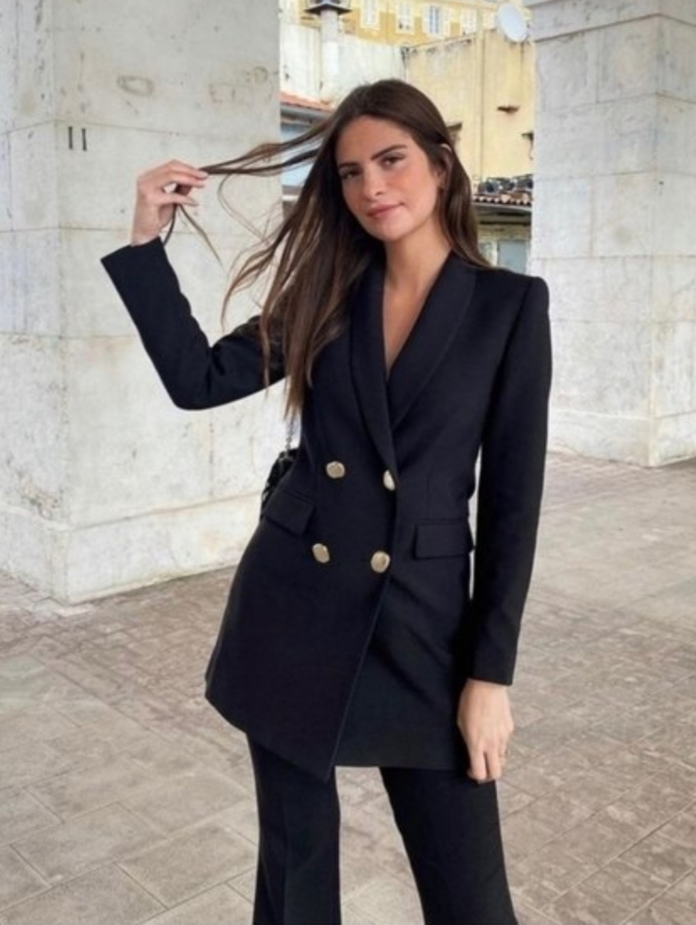 Zara Long Double Breasted Blazer Coat Black Size S